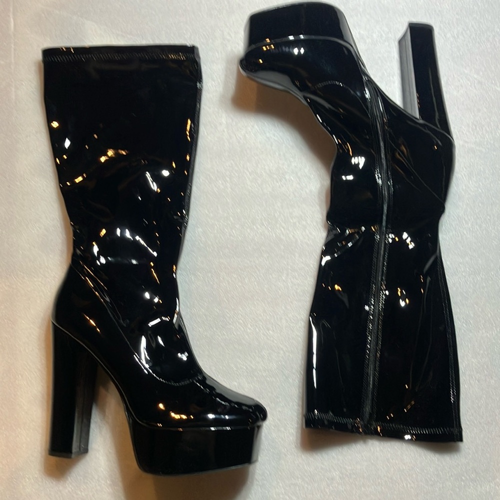 Black patent platform gogo boots
